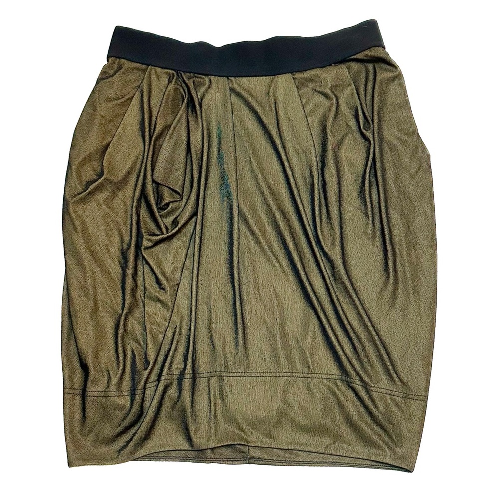 Marc Jacobs Metallic Gold Asymmetrical Draped Skirt Contrast Logo Banded Waist